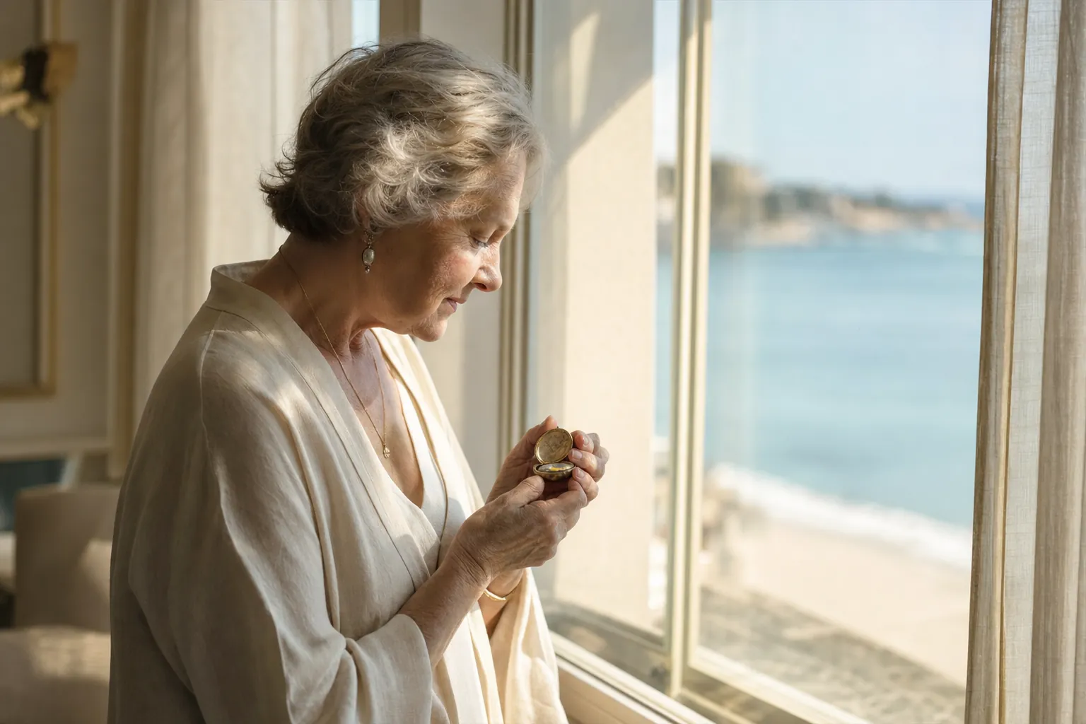 A woman by a sunlit window holding a small keepsake close