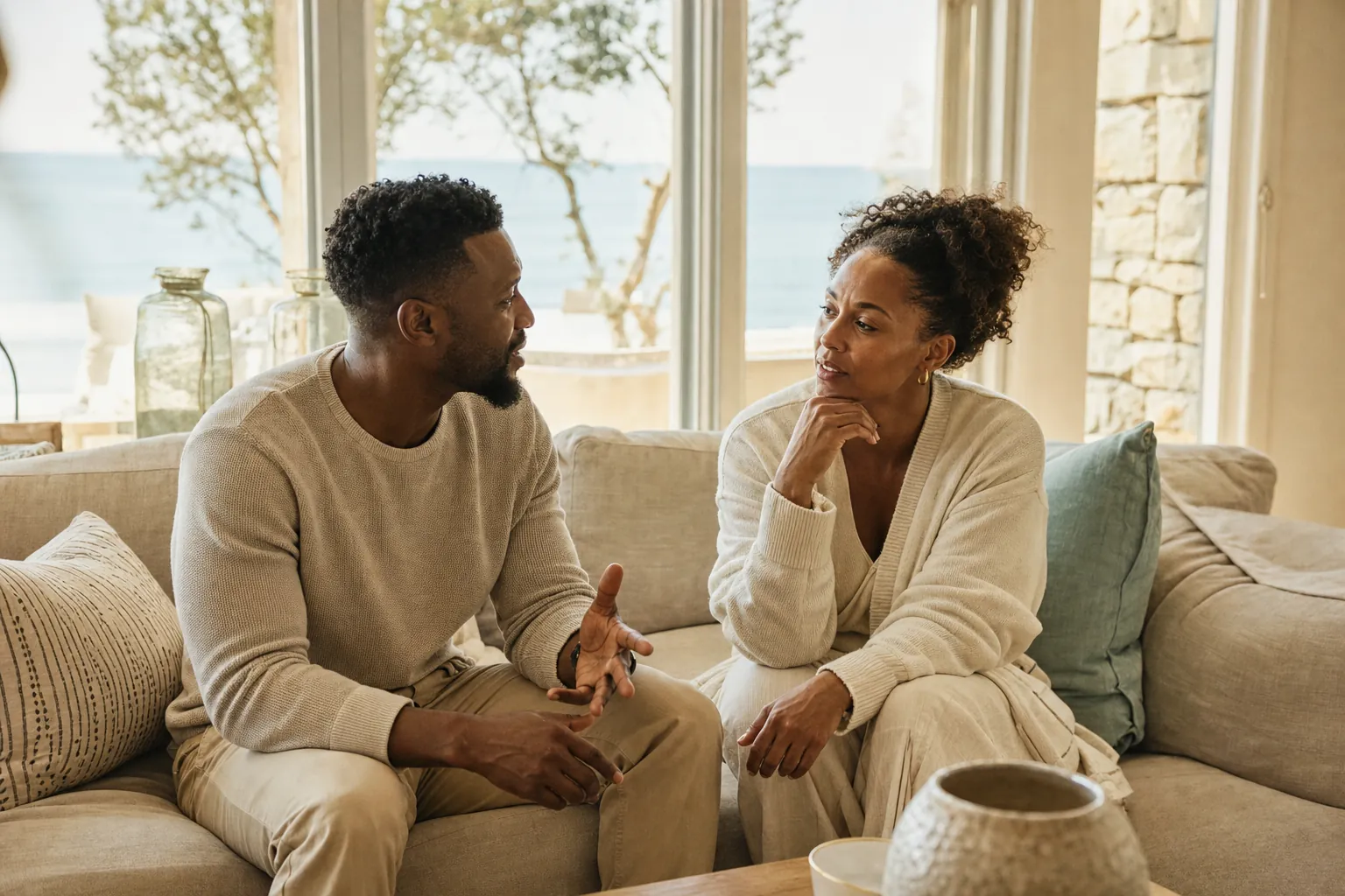 A couple talking openly together on a sofa in a light-filled room