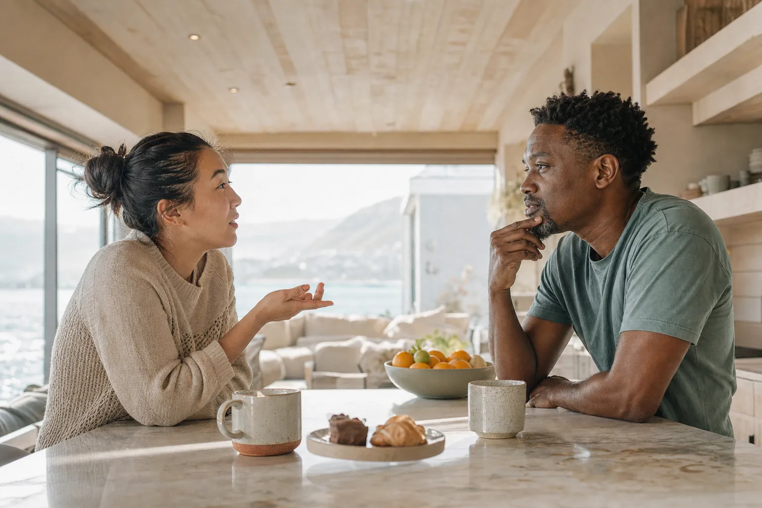 Two friends talking over a kitchen counter in morning light