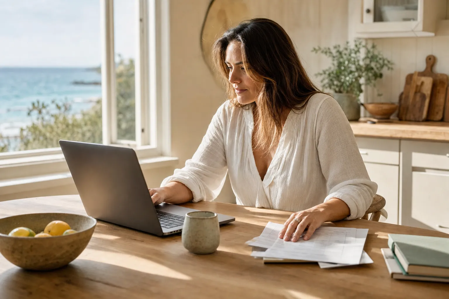 A woman calmly reviewing information at a sunlit kitchen table