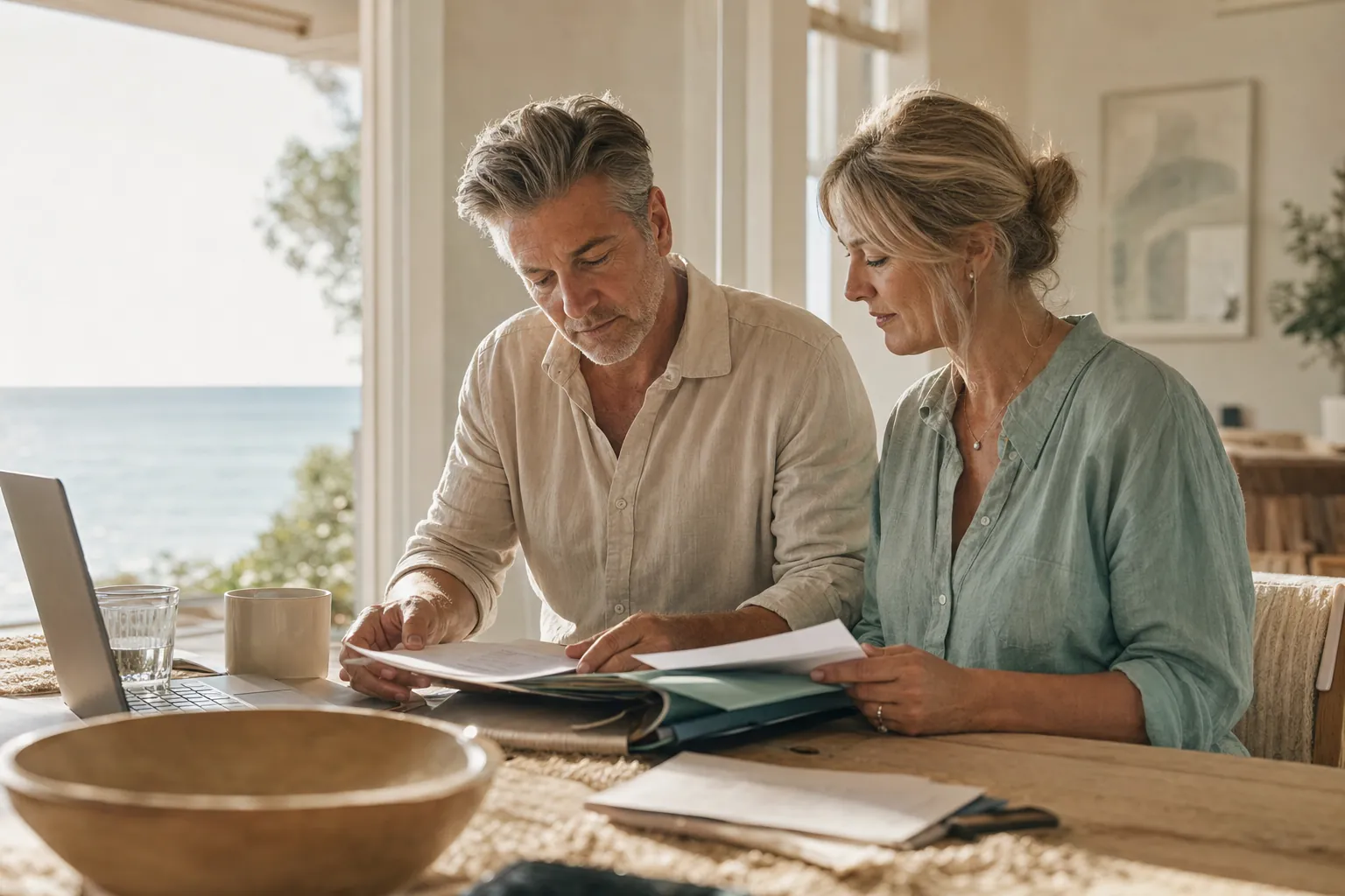 A couple sorting papers together at a sunlit table