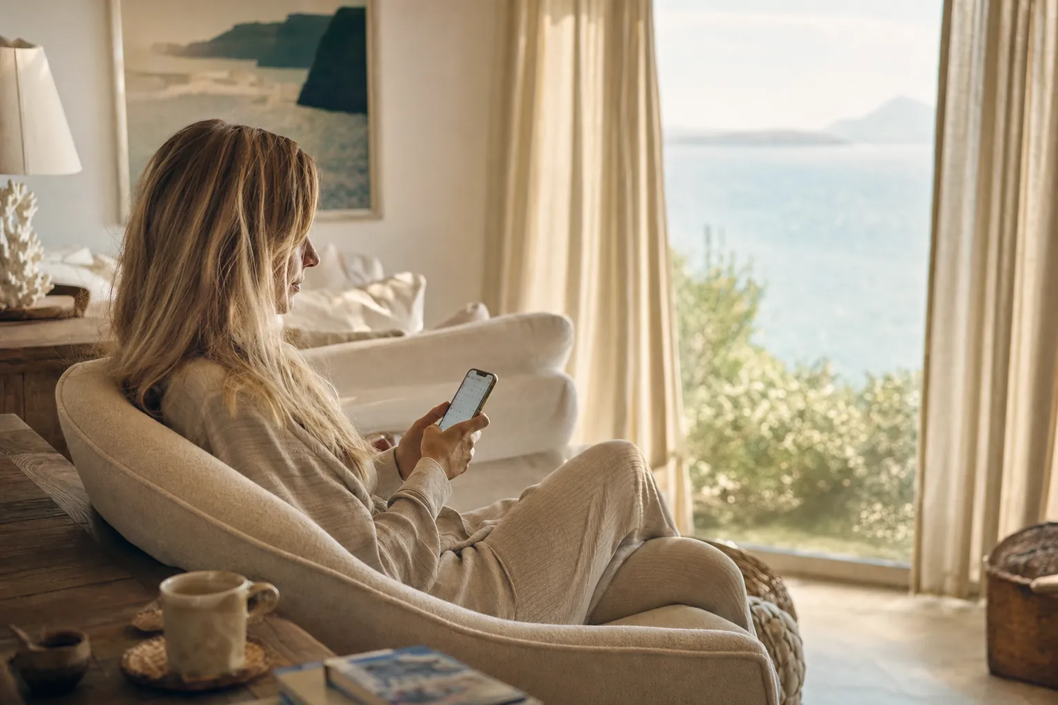 A woman checking her calendar in an armchair by a sunlit window