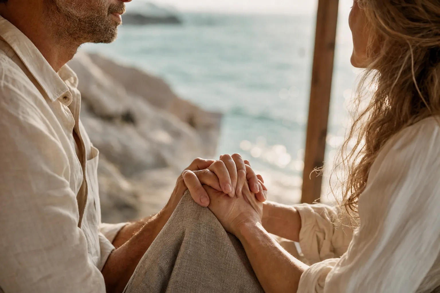 Two people's hands resting together in soft window light