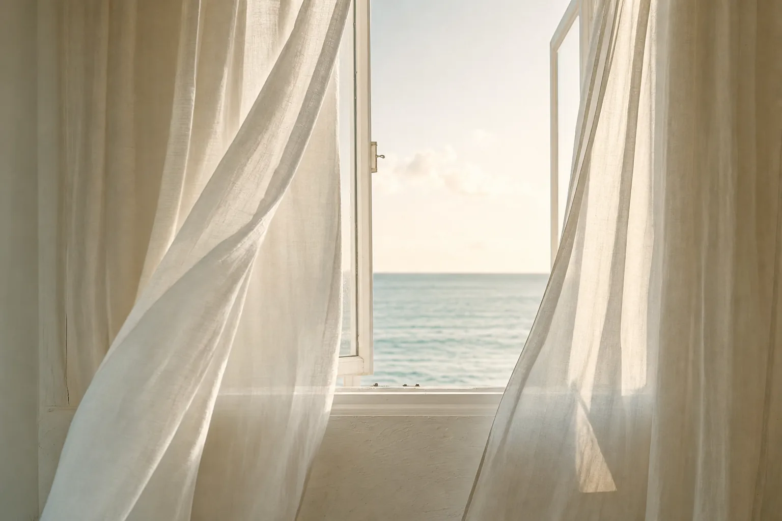Sheer curtains framing a calm ocean view