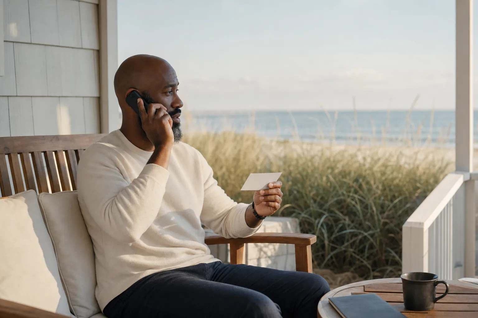 A man on a phone call on a porch bench, holding a card