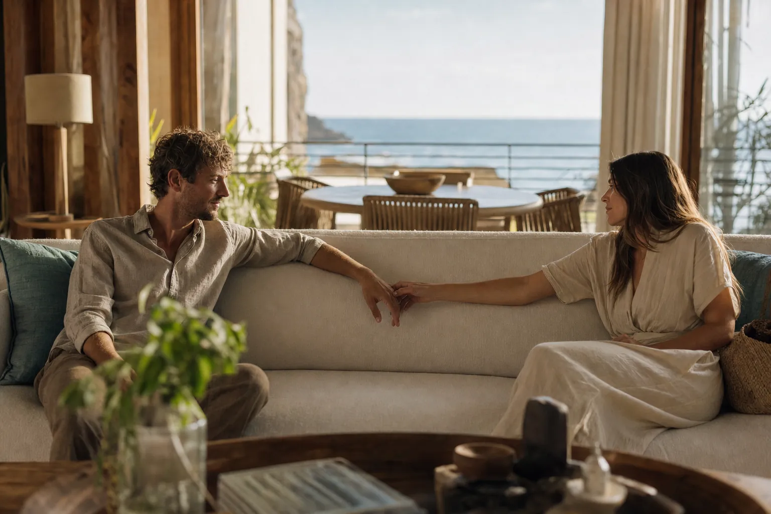 A couple on a sofa turning toward each other, one reaching a hand across