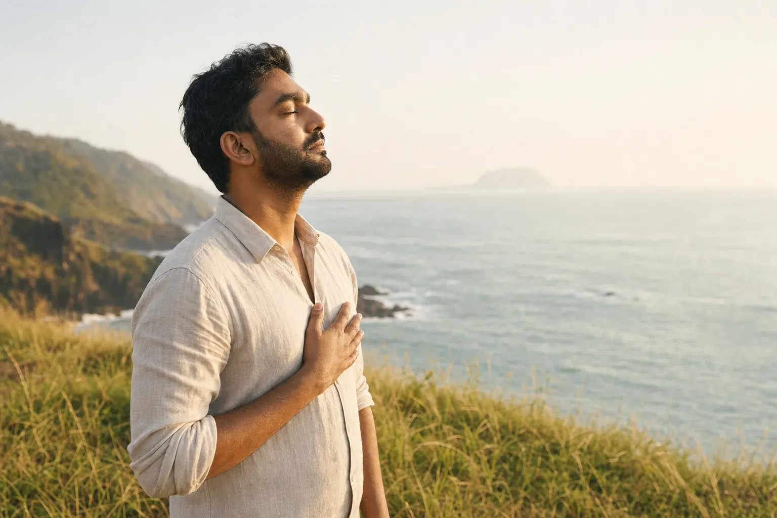 A man on a coastal bluff, eyes closed, taking a slow steadying breath